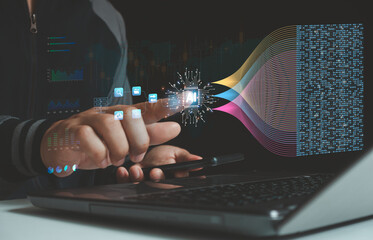 Big data and Data analysis science with AI technology. Analyst or Scientist uses a computer and...