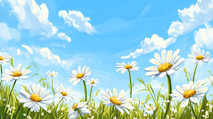 Landscape arrangement with daisy fields in backlight, cloudy sky. Illustration, sketch.