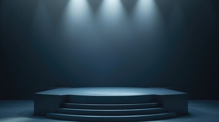 Obraz premium A Circular Platform with Three Steps Lit by Spotlights in a Dark Room