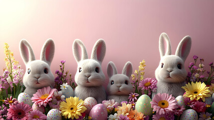 Obraz premium Cute Bunnies with Easter Eggs Illustration