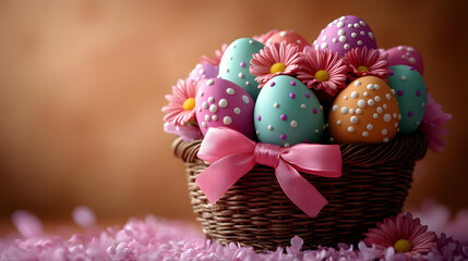 Easter Basket with Decorated Eggs and Flowers - Realistic Image