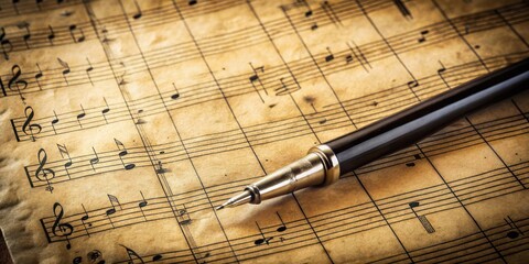 Fototapeta premium An old fountain pen rests on a sheet of aged music paper with handwritten notes.