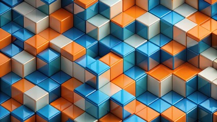 Obraz premium A seamless pattern of glossy blue, orange, and gray cubes arranged in a staggered formation, creating a captivating visual experience.