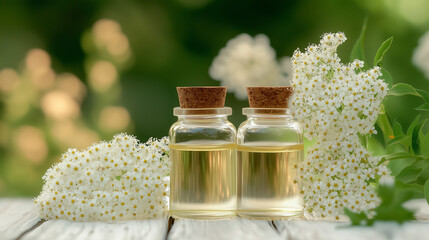 Yarrow essential oil bottles, clear and placed near hawthorn flowers, on a blurred forest backdrop.