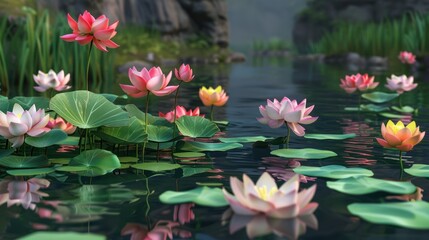 Fototapeta premium A vibrant, multi-colored lotus flower floating gracefully on the water, its petals reflecting the sunlight. A symbol of beauty and tranquility, blending color with nature’s serenity.