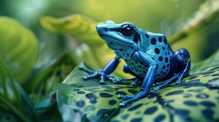 Obraz premium A vivid blue frog perched on a lush green leaf, its vibrant color contrasting beautifully with the plant. A striking moment of nature's artistry, full of life and detail.