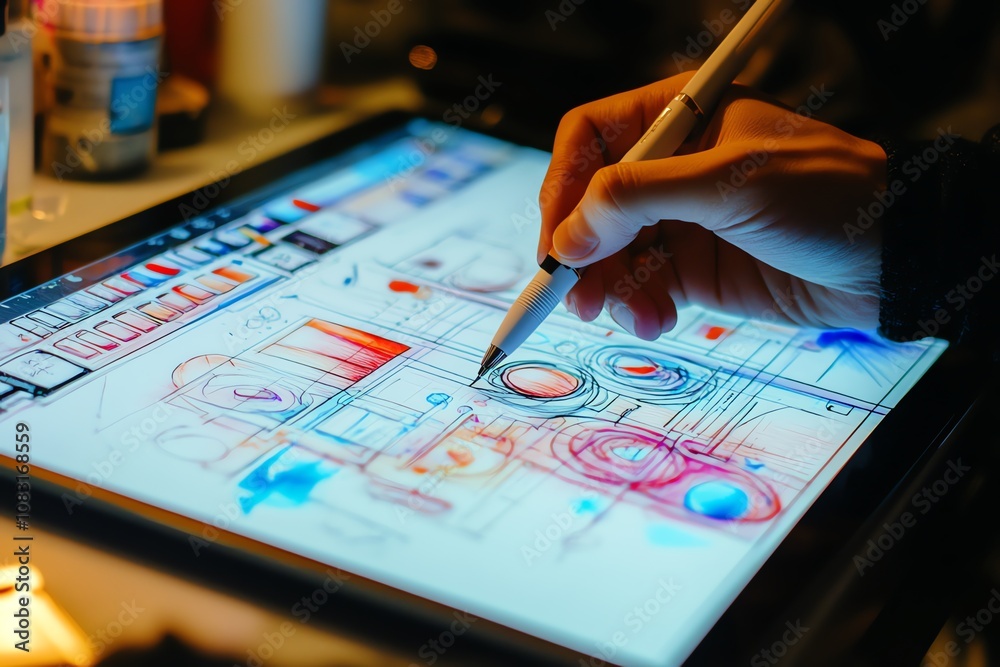 Aufkleber a hand uses a stylus to draw on a digital tablet.