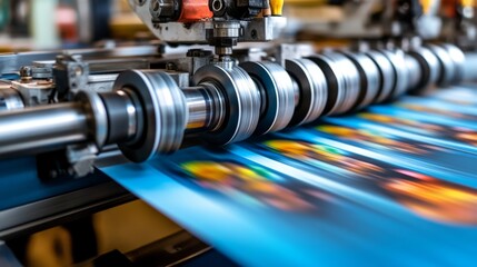 Naklejka premium Printing process in action industrial workflow print production manufacturing facility close-up view advanced technology for high-quality output
