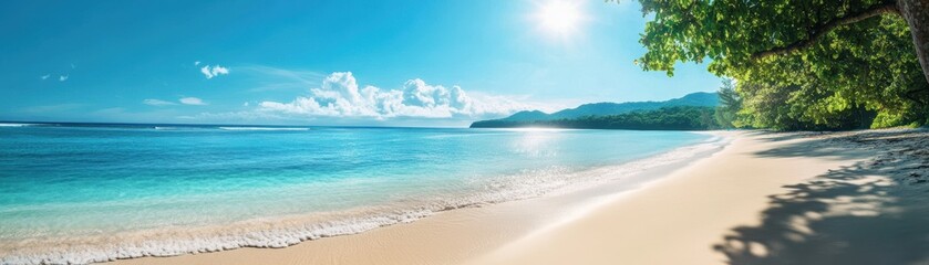 Fototapeta premium A serene beach scene showcasing clear blue waters, golden sand, and lush greenery under a bright blue sky.