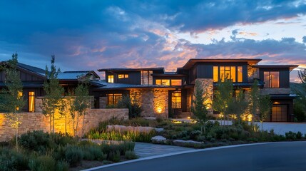 Fototapeta premium Warm Modern Home Exterior at Dusk