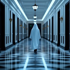 A spectral figure walks down a dimly lit corridor with checkered flooring, creating an eerie atmosphere enhanced by the soft glow of overhead lights.
