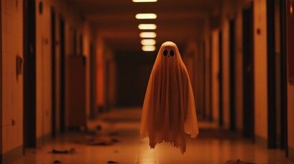 A ghostly figure draped in a sheet floats down a dimly lit corridor, evoking an eerie atmosphere with scattered debris on the floor.