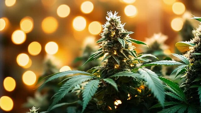 Tracking past marijuana plants with dank buds in front of the blinking lights of a Christmas tree. For cannabis store Christmas promotion.