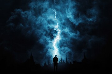 A solitary figure stands against a dramatic backdrop of dark clouds illuminated by a striking bolt of lightning.