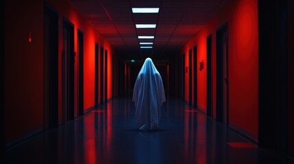 A haunting figure in a white sheet walks through a dimly lit corridor illuminated by eerie red lights.