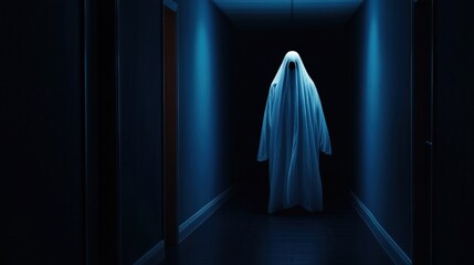 A ghostly figure in a dark hallway, illuminated by eerie blue light, creating a spooky and unsettling atmosphere.