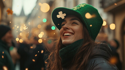 Fototapeta premium Celebrating Saint Patrick's Day with joy and laughter in a lively street festival atmosphere
