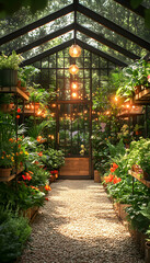 Obraz premium Sunlit greenhouse filled with lush plants and flowers.