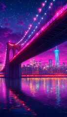 Fototapeta premium Vibrant night cityscape with illuminated bridge reflecting in water.