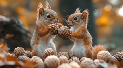 Fototapeta premium A squirrel lifting weights made of acorns, rapidly stacking and unstacking them while trying to impress a group of squirrels