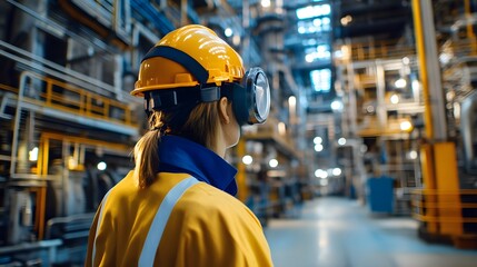 A woman in a yellow jacket and a hard hat is looking at a computer screen. She is wearing a pair of goggles and a yellow vest