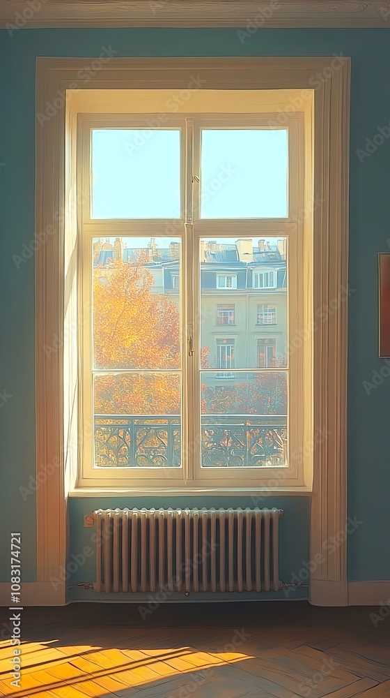 Poster A large window with white trim lets in sunlight, illuminating a room with a radiator beneath it. The window looks out onto an autumnal cityscape.