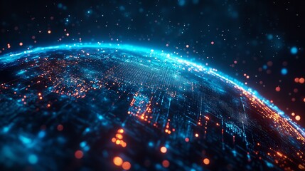 Obraz premium A visually appealing digital Earth enveloped in a glowing blue network grid, symbolizing global communication, technology, interconnectedness, and futuristic innovation