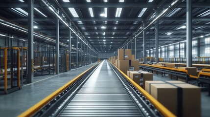 Fototapeta premium Modern warehouses with automated conveyor belt sorting mechanisms with efficiently process parcels and prepare them for delivery