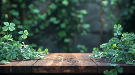 A wooden table with bright clovers for a Saint Patrick's Day celebration in a garden
