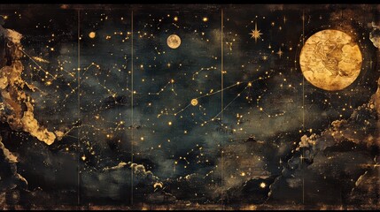 A vintage-style celestial map with gold constellations and a large moon.