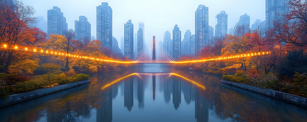 Misty autumn cityscape reflected in calm water with bridge and lights.