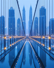Obraz premium Modern city skyline viewed from a glass bridge.