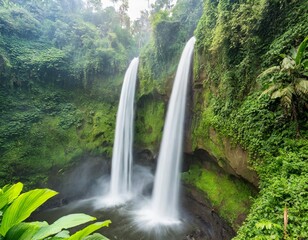 Fototapeta premium The Towering Twin Waterfalls of Sekumpul, Bali, Cascading Through the Lush Jungle, With Mist Rising From the Rapids and Greenery Stretching in Every Direction
