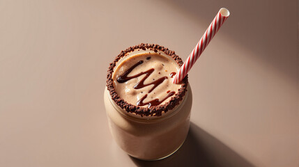 Nutella milkshake with candy cane straw and chocolate drizzle