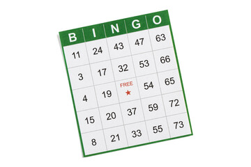green and white paper bingo card on white background.