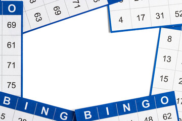 Blue and white bingo game cards on white background. Empty space for copy space.