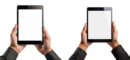 Two hands holding blank tablets, showcasing modern technology and digital innovation in a clean presentation.
