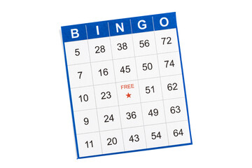 blue and white paper bingo card on white background.
