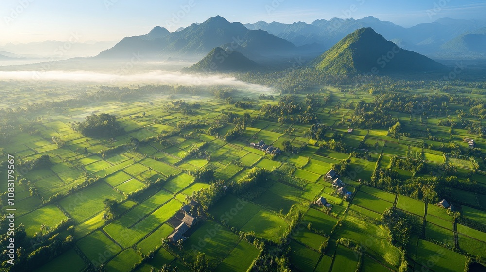 Poster aerial view of lush green fields and mountains under a clear sky.
