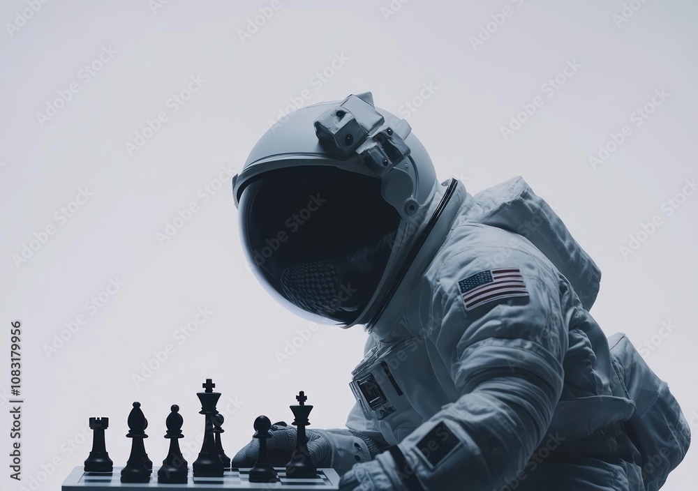 Poster an astronaut in a spacesuit plays chess, symbolizing strategy and exploration.