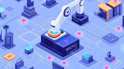 Obraz premium A futuristic cityscape with a robot in the center. The robot is surrounded by a network of wires and other machines. Scene is one of technological advancement and innovation