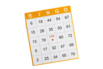 yellow and white paper bingo card on white background.