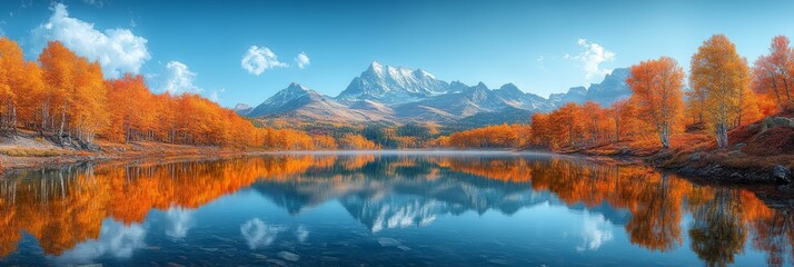 Fototapeta premium A tranquil lake reflecting the vibrant hues of autumn leaves and majestic snow-capped mountains.