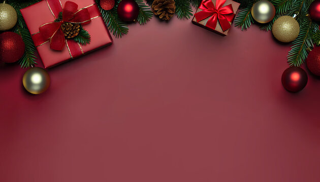 A wide-format luxurious dark red Christmas background featuring elegantly wrapped gifts, red and gold baubles, and festive fir branches arranged around