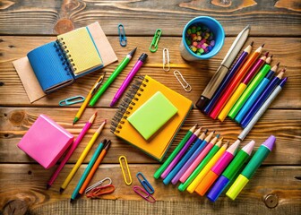 Neatly Arranged Office Supplies on Wooden Surface - Tilt-Shift Photography Showcase of Pens, Rulers, Paper Clips, Stationery, Creative Workspace, Minimalist Aesthetic
