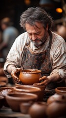 A man carefully inspects a clay pot he's created, covered in the earth he used to make it.