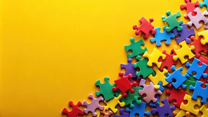 Colorful Puzzle Pieces on a Yellow Background, Ready to Be Assembled