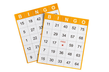 yellow and white paper bingo cards with a pencil on white background.