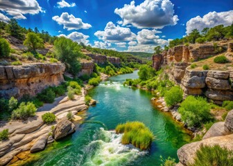 Fototapeta premium The Pecos River flume is beautifully framed by rich greenery and rocky terrain, creating a captivating natural landscape that mesmerizes all who behold it.