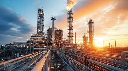 Obraz premium A large industrial plant with many tall towers and a lot of pipes. The sky is orange and the sun is setting